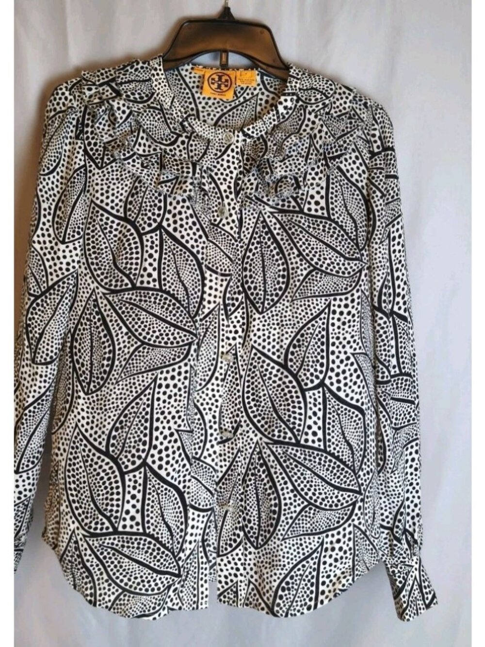 Tory Burch Women's 100% Silk Blouse Sz 6 Black White Leaf Dot Print Ruffle Top